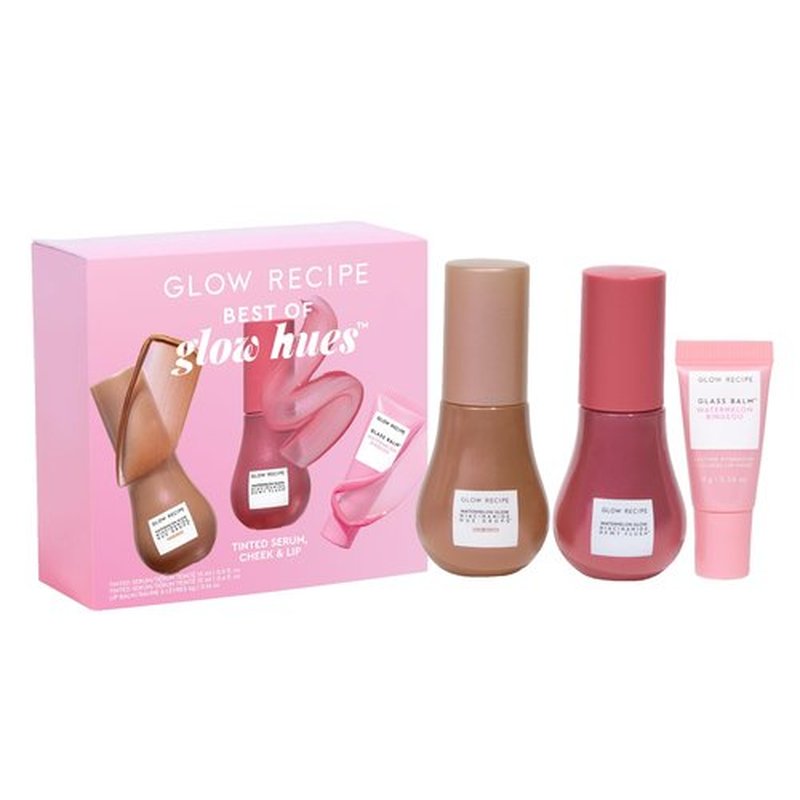 Glow Recipe Best of Glow Hues Kit - Travel Size Hue Drops Sun Glow, Full Size Dewy Flush Blush & Travel Size Glass Balm Lip Treatment (3 Count)