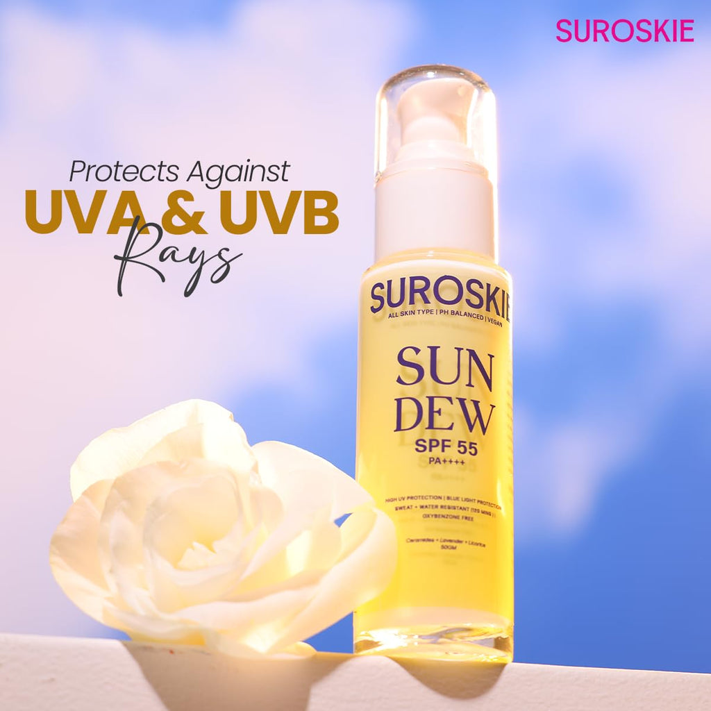 Suroskie Sun Dew SPF 55 PA++++ Sunscreen, Water-Resistant, Lightweight Formula with Lavender and Niacinamide, 50ml