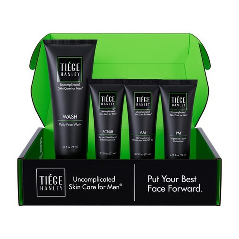 Tiege Hanley Skin Care Set for Men - Essential Daily Routine | 4-Piece System with Face Wash, Scrub, Moisturizer & Night Cream