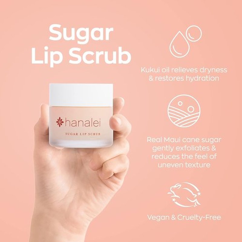 Hanalei Vegan Sugar Lip Scrub Exfoliator - Natural Hawaiian Cane Sugar & Kukui Oil for Smooth, Hydrated Lips | 22g