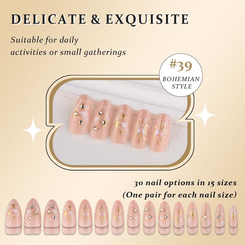 XZMeiLun 3D Boho Stars Gold Press On Nails Almond Medium 30Pcs, Heart Charms Design Reusable Acrylic Nails Press Ons, Fake Nails With Cute Celestial Glue On Nail, Daily Wear False Nail For Women