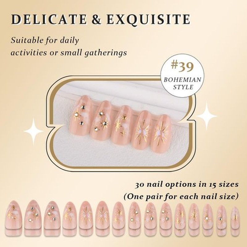3D Nude Press on Nails Medium Almond with Bohemian Design, Nude Nail + Gold Star Glossy Stick on Nails for Women with Kit, Reusable Soft Gel Stick on Fake Nail with 3D Gold Stars Designs Perfectly Fit