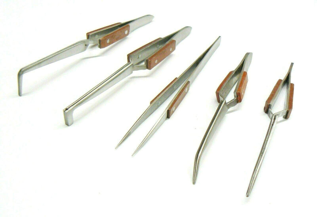 Fiber Grip Tweezers Jewelry Hobby Craft Soldering Fiber Grip Cross Locking Set Bent and Straight Tip 5 PCS By JTS