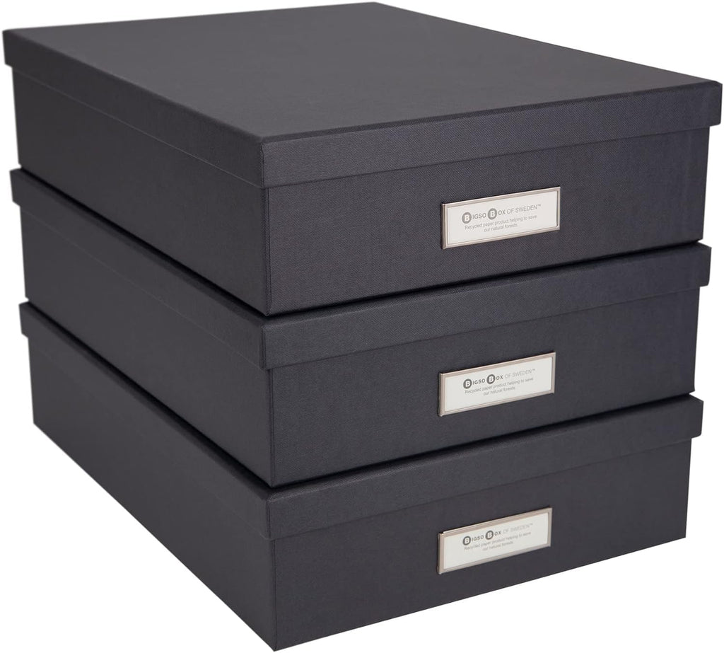 Bigso Oskar Fiberboard Label Frame Document Letter Box - File Organizer Box for Important Paperwork - Document Storage with a Lid & Label Window - 3.3 in x 10.2 in x 13.8 in - 3 Pack - Dark Grey
