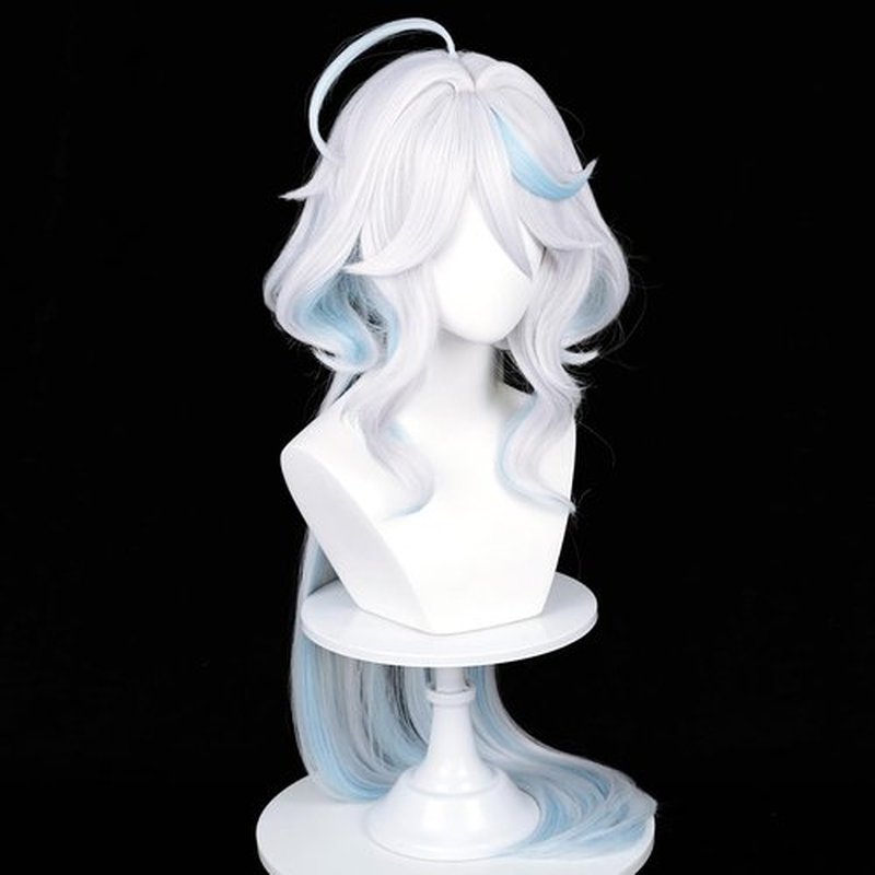 Furina Cosplay Wig for Women White Mixed Blue Wig Focalors Fontaine Blue Highlights Wigs Hair + Elf Ear + Wig Cap for Halloween Comic Con Costume Party