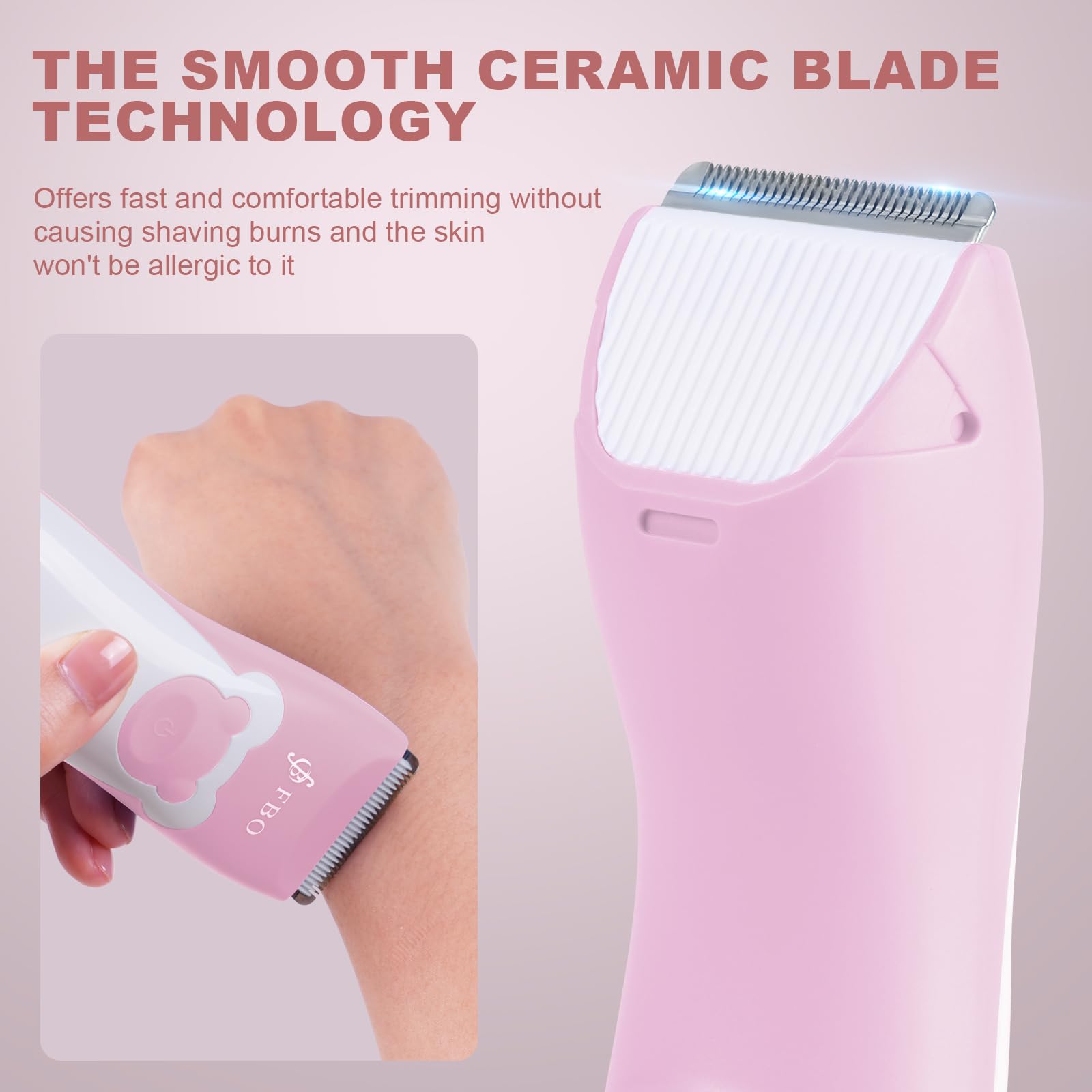 FBO Baby Hair Clipper, Professional Quiet Waterproof Painless Body Hair Trimmer, Multi-Purpose Grooming Kit for Infants, Toddlers & Adults, Home and Salon Use, Pink Bear