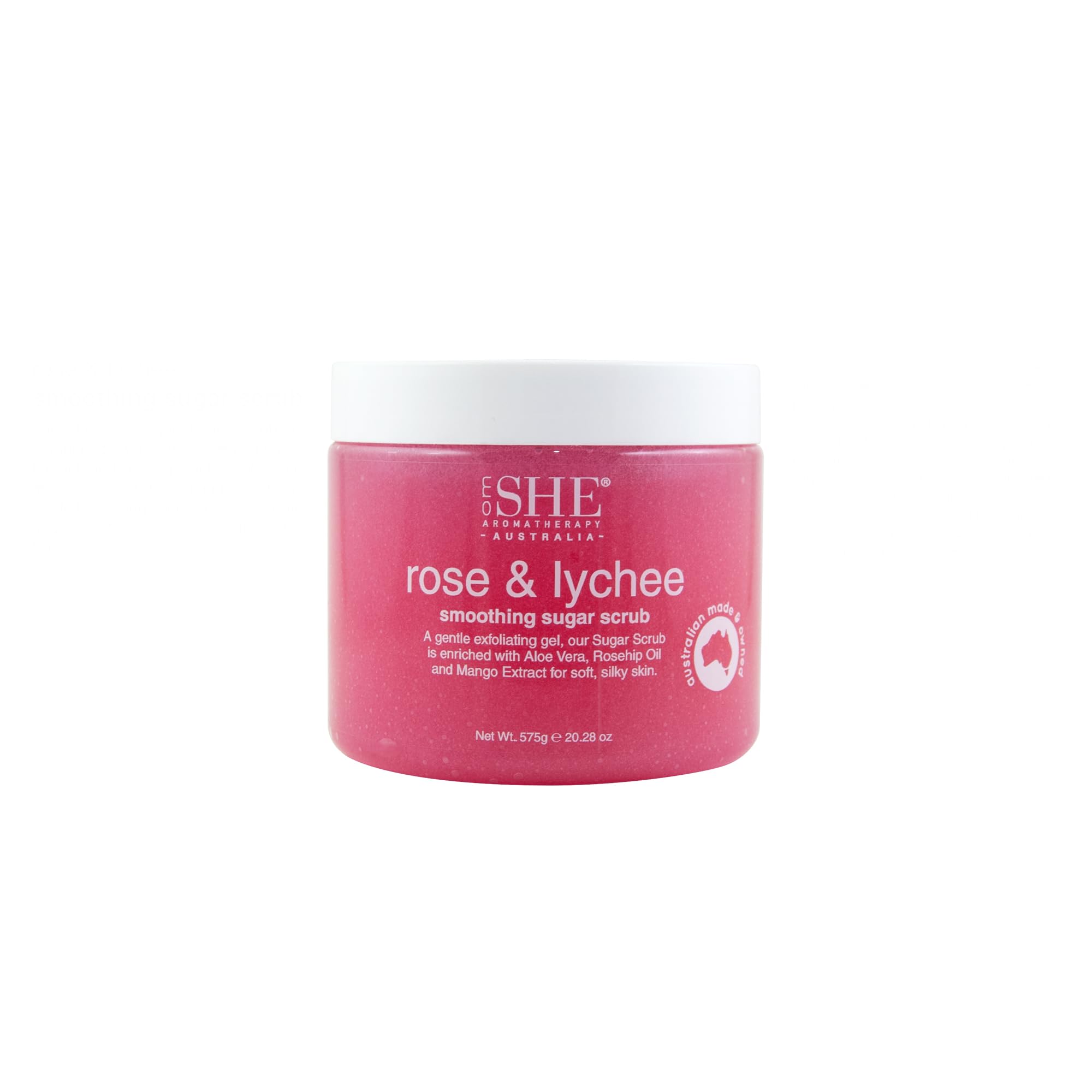 OM SHE Aromatherapy Rose & Lychee Sugar Scrub 20.28oz - Exfoliating Body Scrub, Natural Sugar, Micro Bead Free, Rosehip Oil. Australian made.