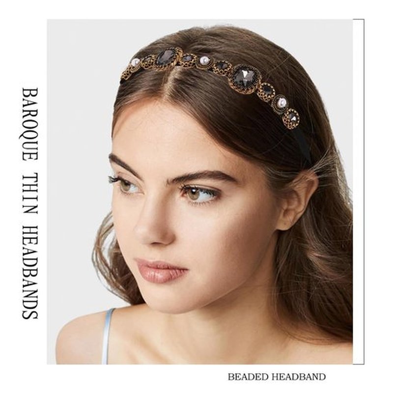 Firuilo Baroque Crystal Headband Pearl Rhinestones Hairbands Black Thin Headband for Women(Type A)
