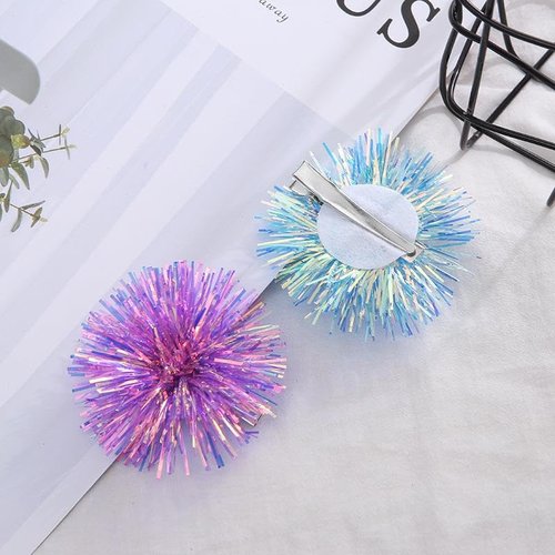 12 Pcs Foil Strips Pom Pom Hair Clips Tinsel Fluffy Ball Elastic Ponytail Holders Shiny Cute Scrunchies Pompom Cosplay Fashion Hair Accessories for Women Girls Birthday Halloween Christmas Party