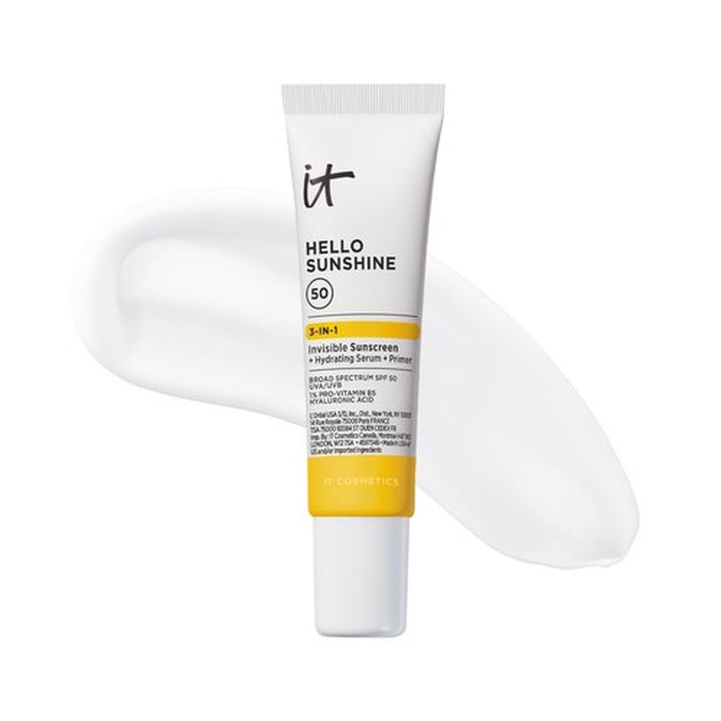 IT Cosmetics Hello Sunshine Invisible Sunscreen for Face SPF 50 - Sunscreen, Hydrating Serum & Makeup Primer - 1% Pro-Vitamin B5 & Hyaluronic Acid - HSA/FSA Eligible - No White Cast - 0.5 fl oz