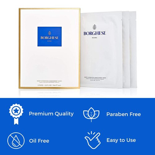 Borghese Deep Hydration Hand Sheet Masks (3 Pairs) - Hand Masks with Sodium Hyaluronate, Hydrolyzed Collagen, & Allantoin for Moisture & Anti-Aging