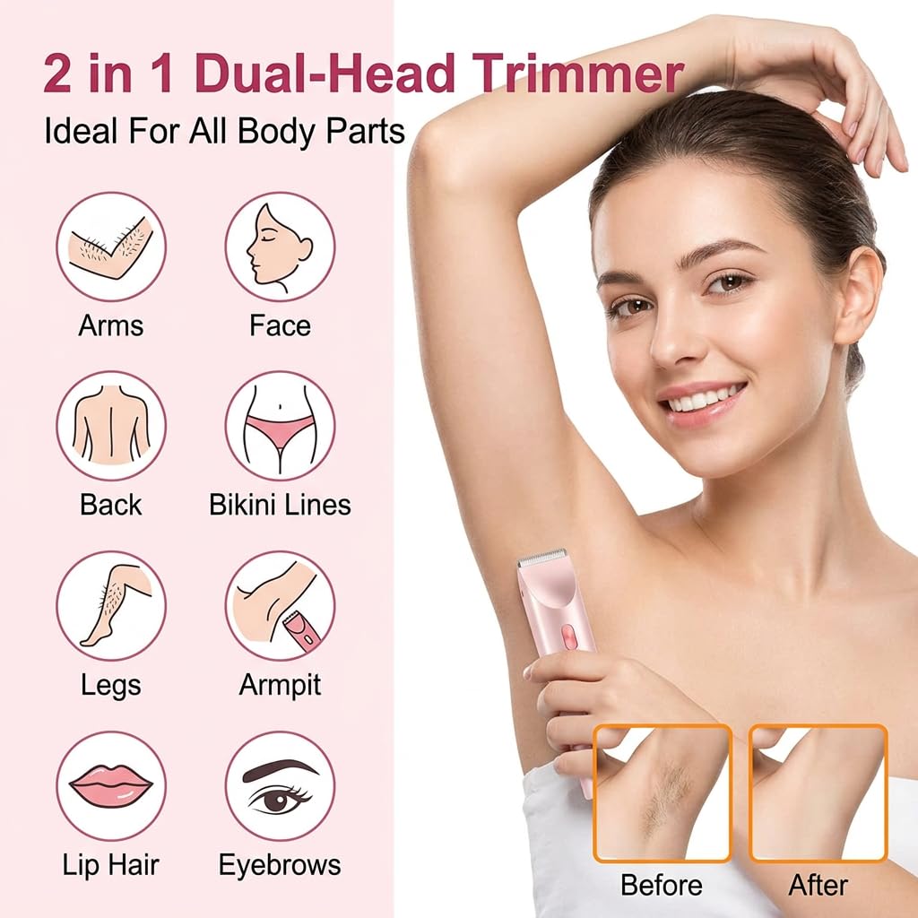 Bikini Trimmer for Women-2 in 1 Dual Head Bikini Shaver & Body Shaver,IPX7 Cordless & Waterproof Electric Shaver Wet & Dry Use,Painless Hair Removal,Ceramic Blade,Ultra Low Silent (Blue)