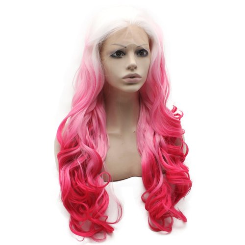 Aurssa Long Wavy Ombre Pink Synthetic Lace Front Wig Half Hand Tied Heat Resistant Fiber Hair Cosplay Wig