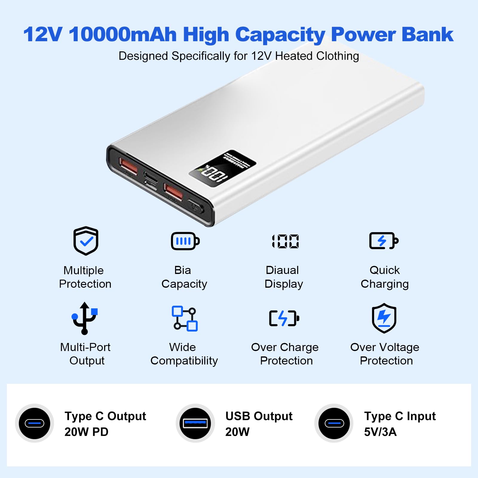 Smarkey Heated Jacket Battery Replacement QC3.0 PD Power Bank with Type C to DC5.5mm Output 12V Step-Up Adapter Battery Cable for Milwaukee M12,Makita, Snap-on, Metabo, Craftsman, AEG