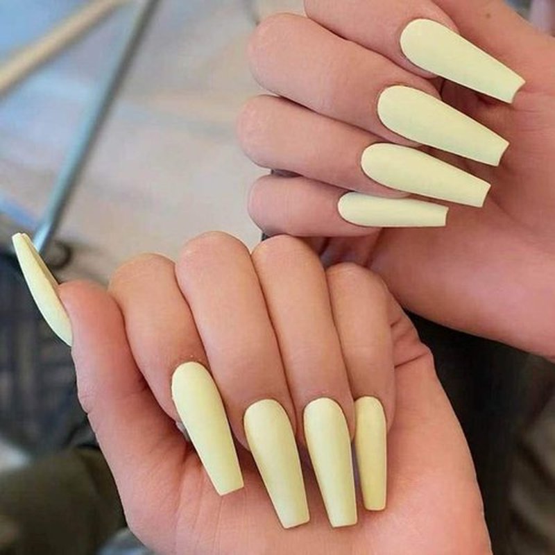 Outyua Matte Super Long False Nails Coffin Ballerina Extra Long Press on Nails Acrylic Fake Nails Acrylic Full Cover Nails 24Pcs (Yellow)