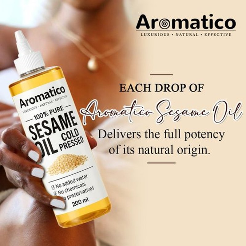 Aromatico 100% Pure Cold Pressed Sesame Oil for Skin, Hair & Massage – Lightweight, Non-Greasy Daily Care Oil, No Added Chemicals or Preservatives - 7 Fl Oz