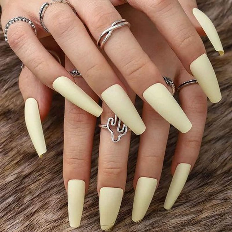 Outyua Matte Super Long False Nails Coffin Ballerina Extra Long Press on Nails Acrylic Fake Nails Acrylic Full Cover Nails 24Pcs (Yellow)