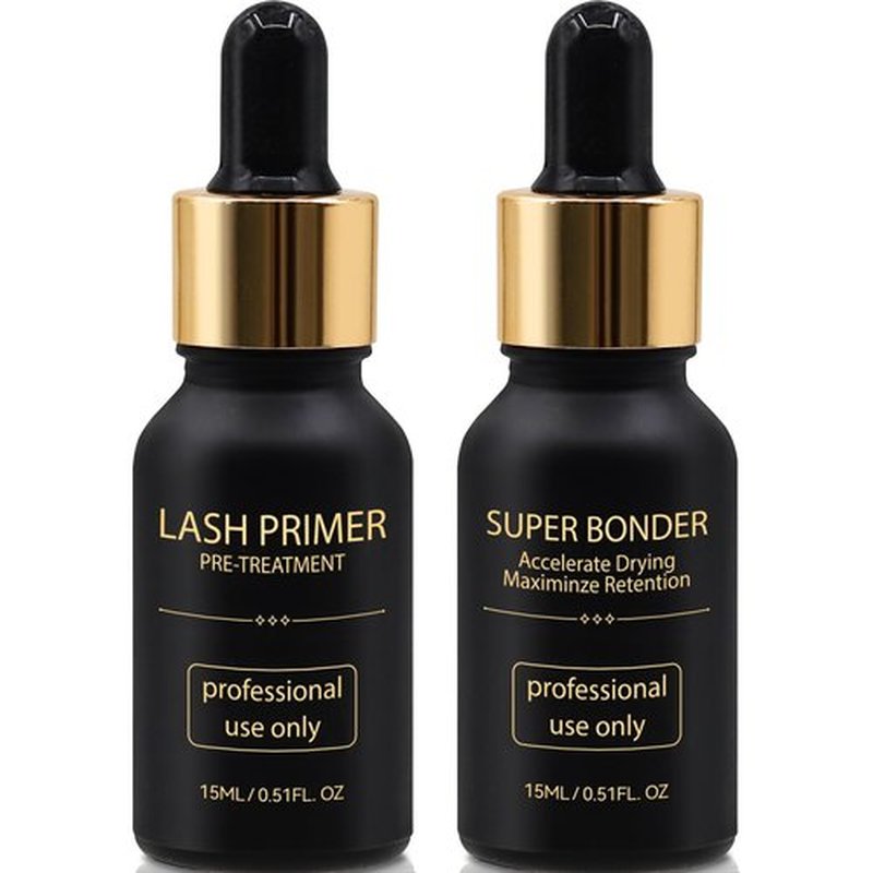 Miuffue Lash Bonder and Primer Kit for Eyelash Extensions, Glue Accelerator Lash Sealant, Eyelash Extension Primer Protein Oil Remover, Adhesive Makeup Tools for Professional Use (15ml+15ml)