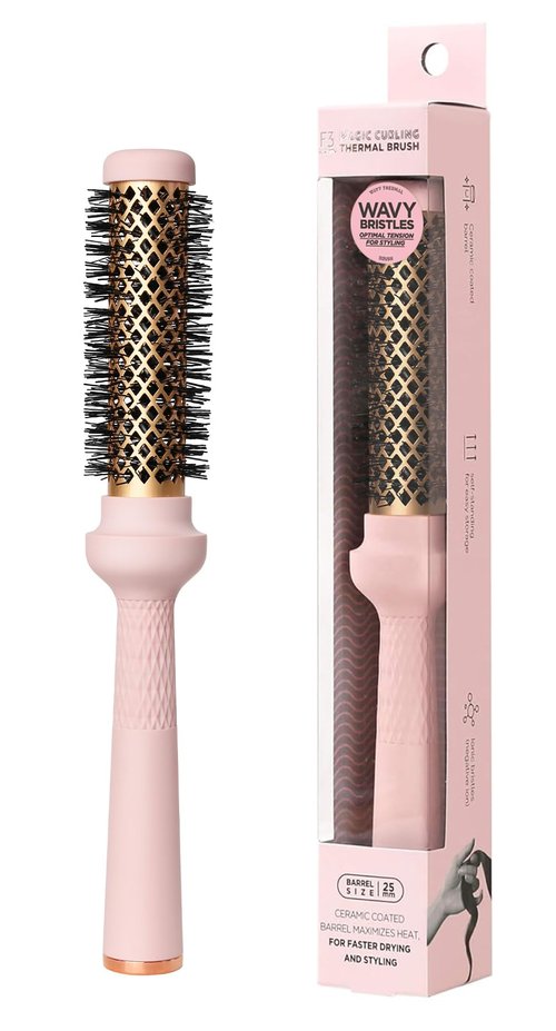 F3 systems, Magic Curling Round Brush (Wavy 1 Inch), Non-electronic, Self-Standing Round Quick Styling Brush, Great Blowout, Ceramic Coated/Ionic Thermal Barrel, Blowout Volume, Wave Styler