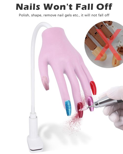 Silicone Hand for Acrylic Nails, Professional Silicone Practice Hand for Nails, Nails Never Fall Off, Flexible Bendable Acrylic Nail Practice Hand with Clear Nail Tips, Purple