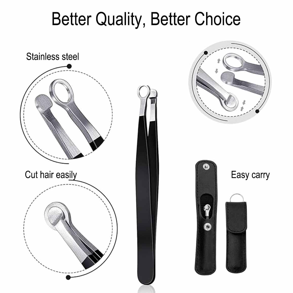 Liangery Nose Tweeezers, Manual Nose Hair Trimmer for Men- Stainless Steel Precision Blades with Leather Case, Nasal Hair Cutter Tweezers for Eyebrow, Ear & Facial Hair Grooming Tool (Black)