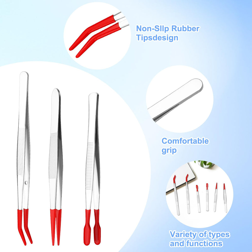 6 PCS Tweezers with Rubber Tips Set, PVC Coated Precision Tweezers, Rubber Straight Tip Tweezer Rubbers Flat Tip and Long Bent Tweezer for Craft Jewelry Beads Lab Industrial Stamps, Red
