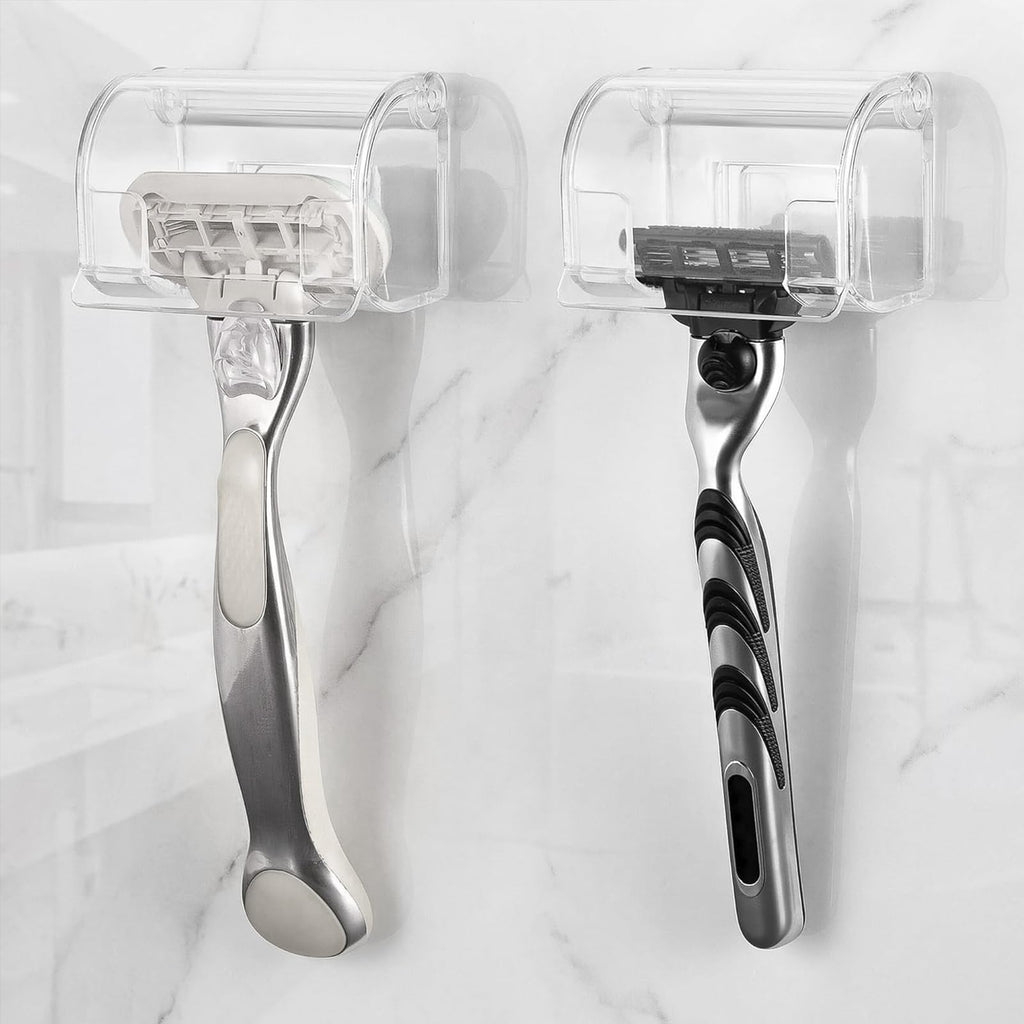 LUEXBOX 2 Pack Razor Holder with Cover for Shower Wall, Self Adhesive Razor Stand Shaver Organizer, Plastic Razor Hanger Hooks Compatible with Fusion 5 Proglide, Mach 3 Classic (Clear)
