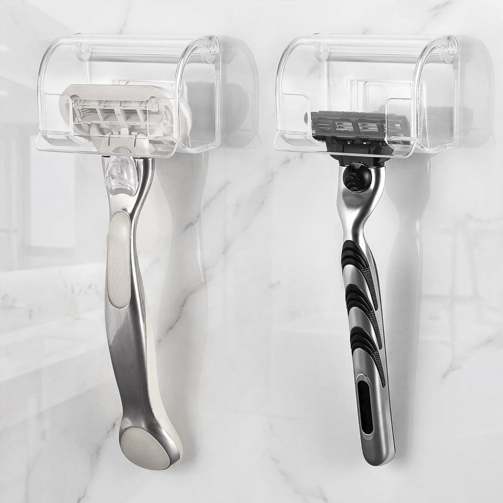 LUEXBOX 2 Pack Razor Holder with Cover for Shower Wall, Self Adhesive Razor Stand Shaver Organizer, Plastic Razor Hanger Hooks Compatible with Fusion 5 Proglide, Mach 3 Classic (Clear)