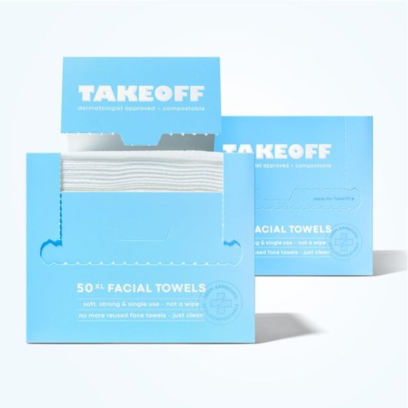 Takeoff Face Towels, 10"×12" XL Face Disposable + Compostable Towelettes, Ultra Soft Makeup Remover Dry Wipes, Thick Face Towel w/Dual Texture For All Skin Types incl. Sensitive, 50 Count (1 Pack)