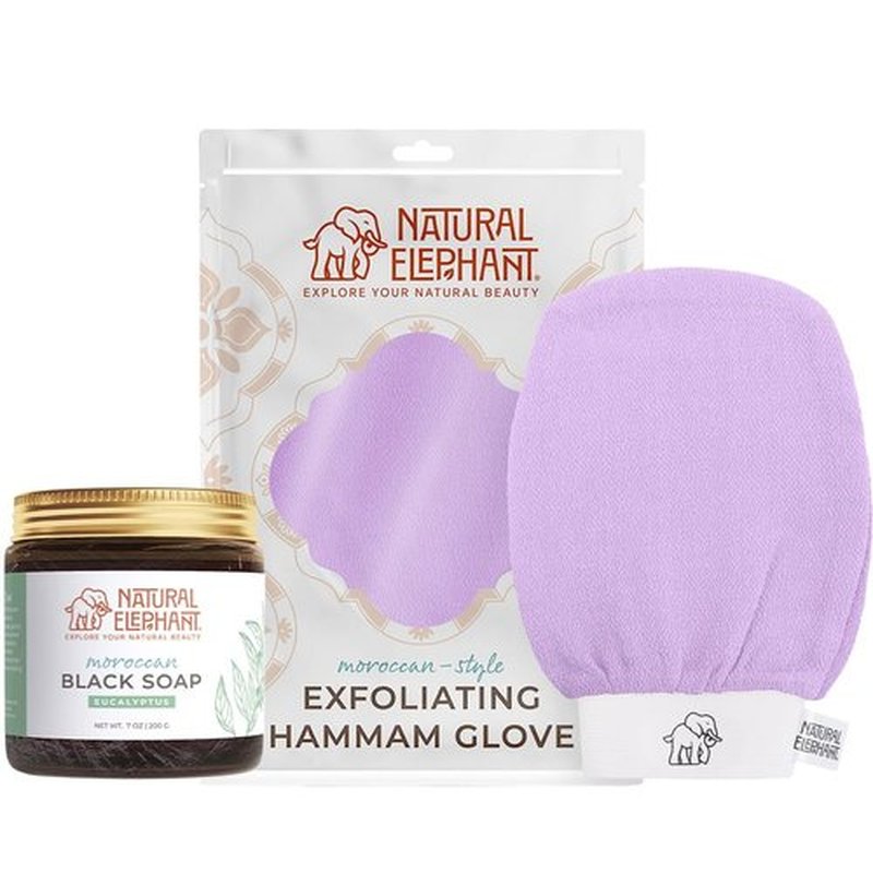 Natural Elephant Moroccan Black Soap 200g (7oz) and Exfoliating Hammam Glove Combo (Lovely Lilac)
