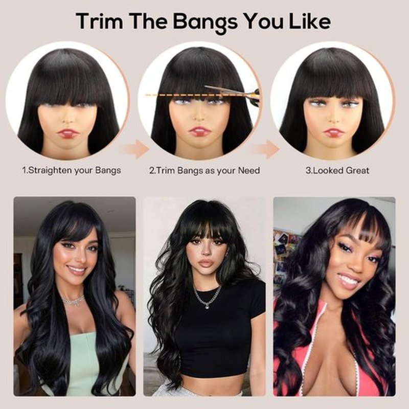 POUWENEY Black Wig with Bangs 26 Inch Long Curly Wavy Wigs for Women Begineer-Friendly Synthetic Wig for Daily Party Holiday Use