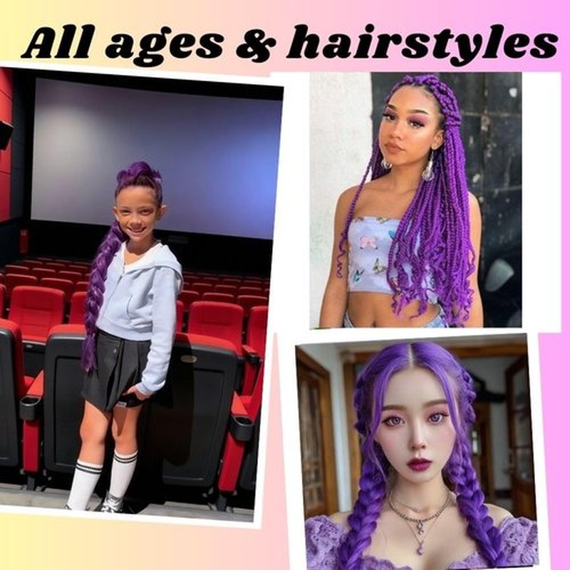 Beauday long Purple Braiding Hair Pre stretched Synthetic Hair Extensions for Braids,Yaki Texture Purple Hair Extensions for Stage Party Halloween Costume Cosplay 24 inch
