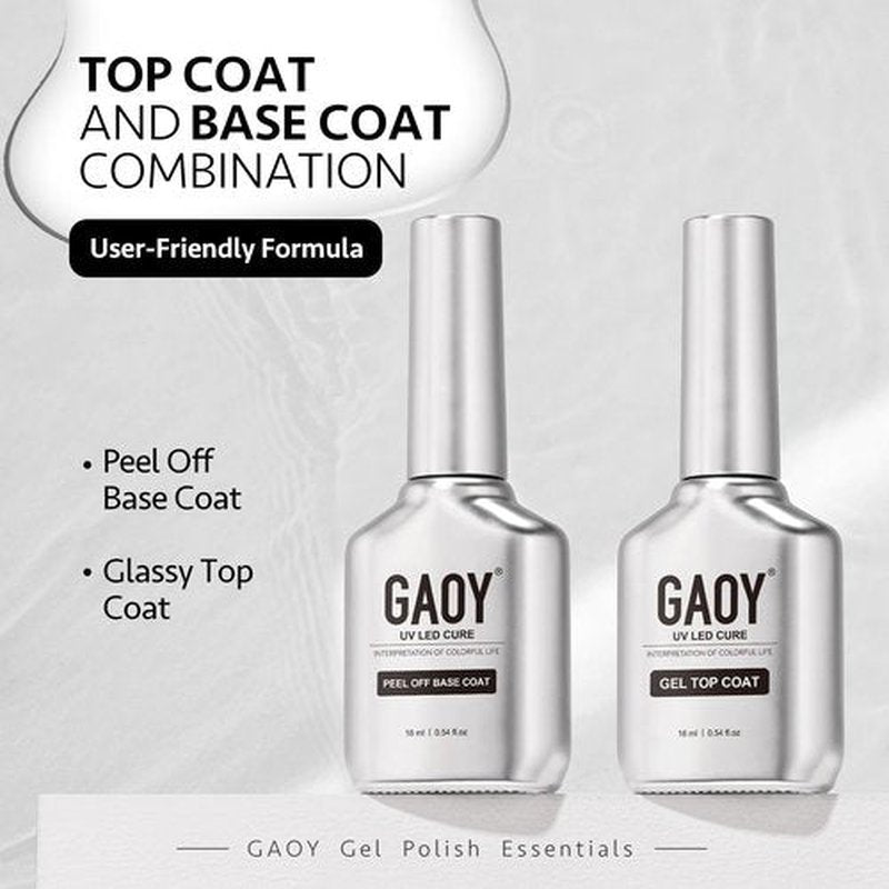GAOY Gel Top Coat and Peel Off Base Coat Set, 16ml 2 Pcs Clear No Wipe Finish and Peelable Foundation Combination for UV Light Gel Nail Polish