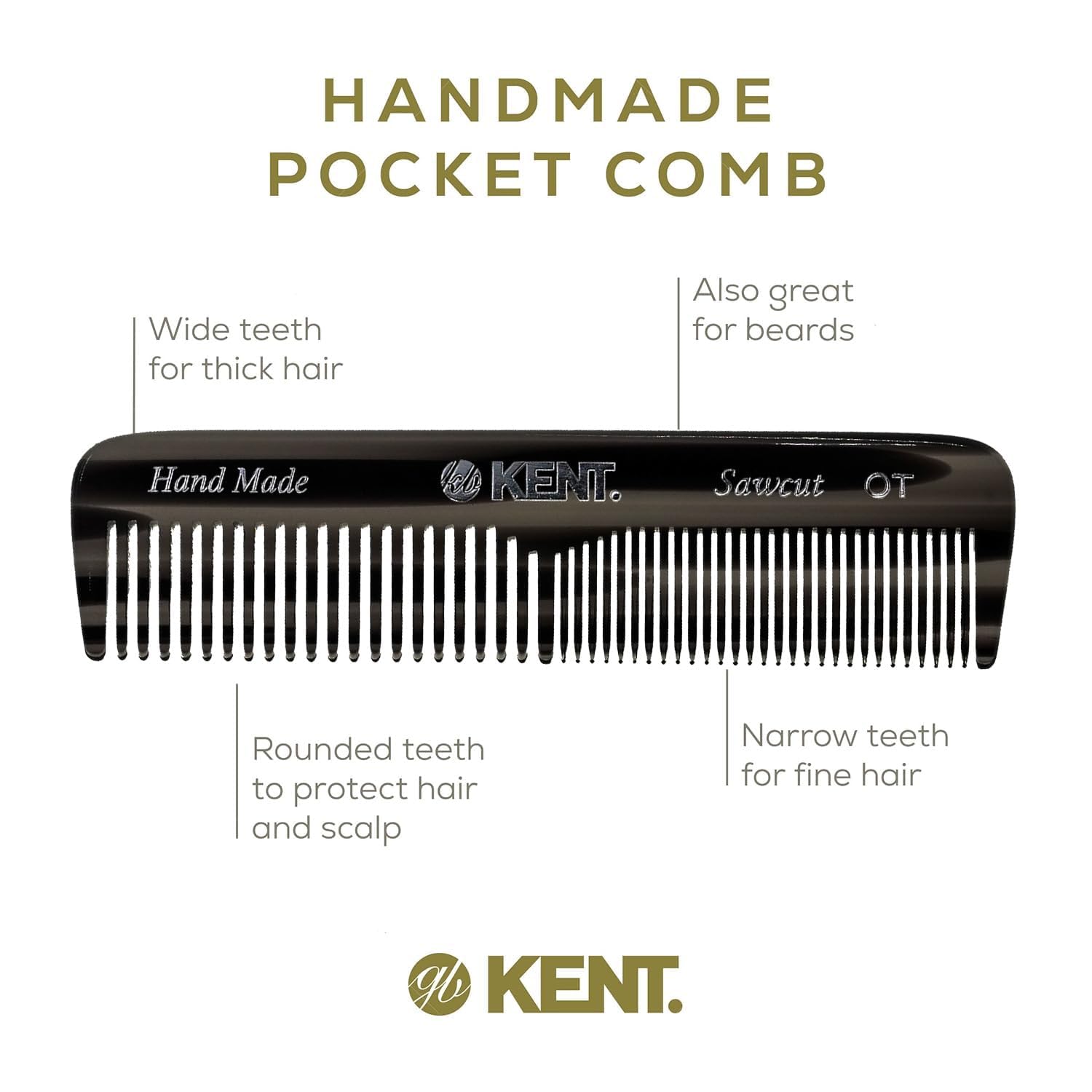 Kent OT Pocket Comb Black and Tortoise - Handmade Fine and Wide Tooth Hair Comb for Men, Women, and Kids - Travel, Beard, and Mustache Comb - Saw Cut and Hand Polished Made in England