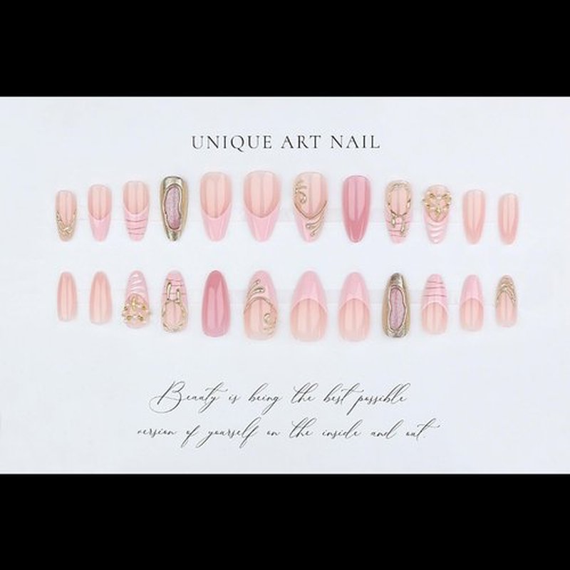Almond Press on Nails Long Fake Nails Pink Artificial Nail Gold Charm Designs Stick on Nail for Women 24pcs