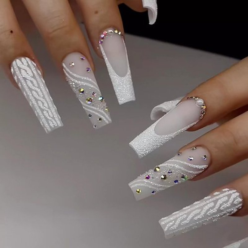 MISUD Press on Nails - Long Square Glue on Nails with White, Acrylic Wedding Bride Design 24 pcs