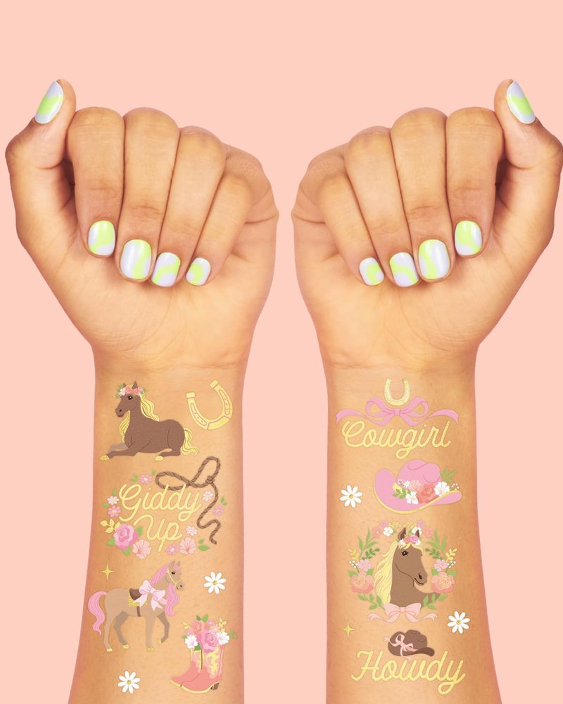 xo, Fetti Pink Horse Girl Temporary Tattoos - 52 Gold Foil Pcs | Cute Cowgirl Birthday Accessory, Pony Bachelorette Party Favor, Cute Kids Activity