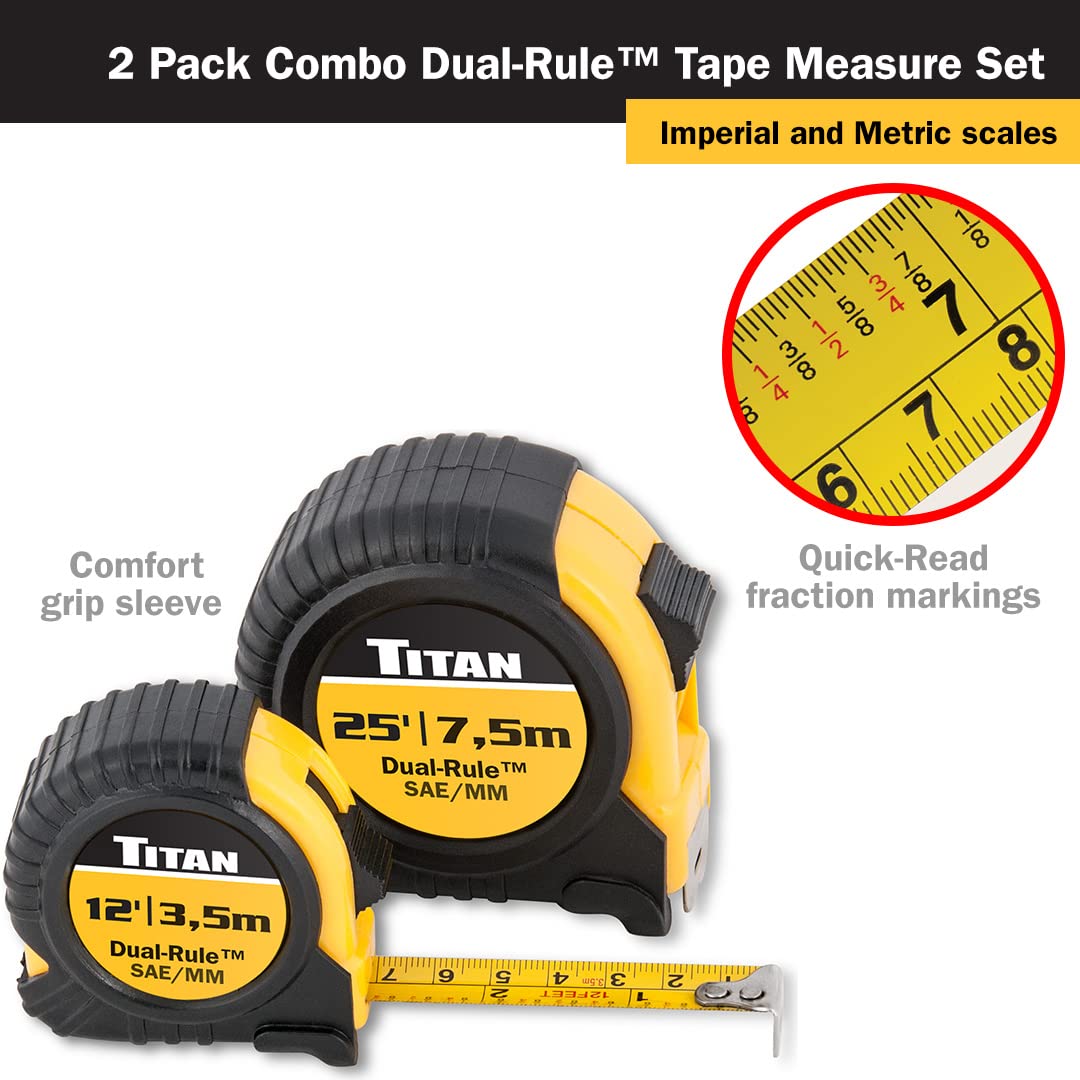 Titan 10903 Tape Measure with Easy-Read Standard Markings and Durable Case, 2-Piece Set, 12-Foot and 25-Foot