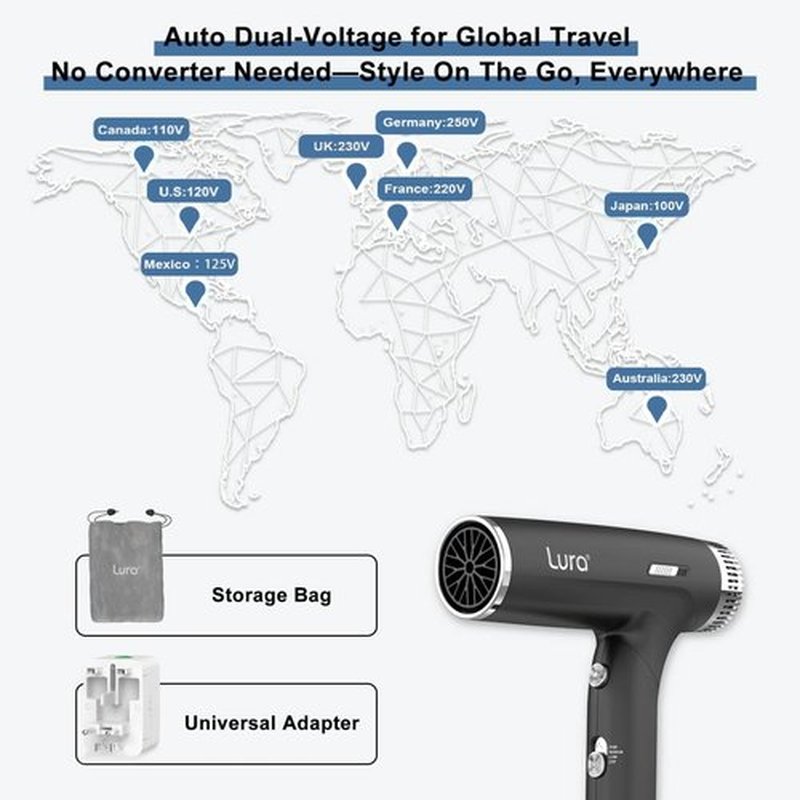 LURA Auto Dual Voltage Hair Dryer - Compact Travel Blow Dryer with Diffuser for Women | Lightweight & Portable (Black)