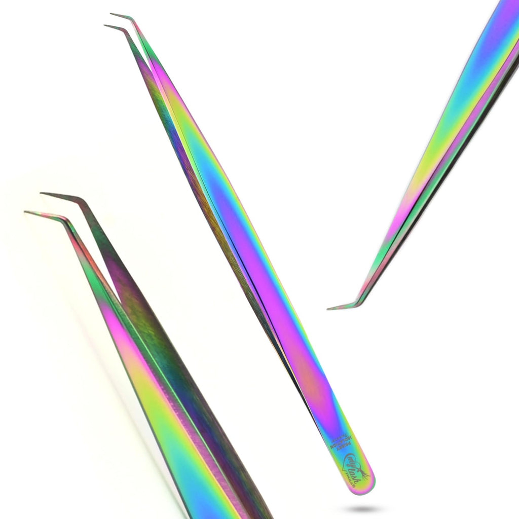 My Lash Tools Eyelash Extension Curved Degree Tweezers for Isolation Lash Extensions 14cm, Best for Individual Isolation & Classic Lashes Japanese Stainless Steel Eyelash Twisers (Rainbow 2)