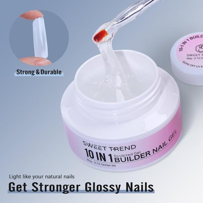 Clear Builder Gel for Nails: Sweet Trend 10 in 1 Hard Gel Scuplted Kit - 60g LED/UV Strengthen Nail Art for Base Rhinestone 3D Extension Sculpting Overlay Tips - Manicure Set with Forms & Brushes