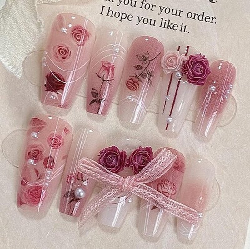 Coffin Shaped Luxury Press on Nails - Retro Rose Valentine | Ballerina Artificial False Nails, Glossy Pink Fake Nails with 3D Flowers, Salon Quality Reusable Nails Kit (Size M)