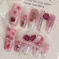 Coffin Shaped Luxury Press on Nails - Retro Rose Valentine | Ballerina Artificial False Nails, Glossy Pink Fake Nails with 3D Flowers, Salon Quality Reusable Nails Kit (Size M)