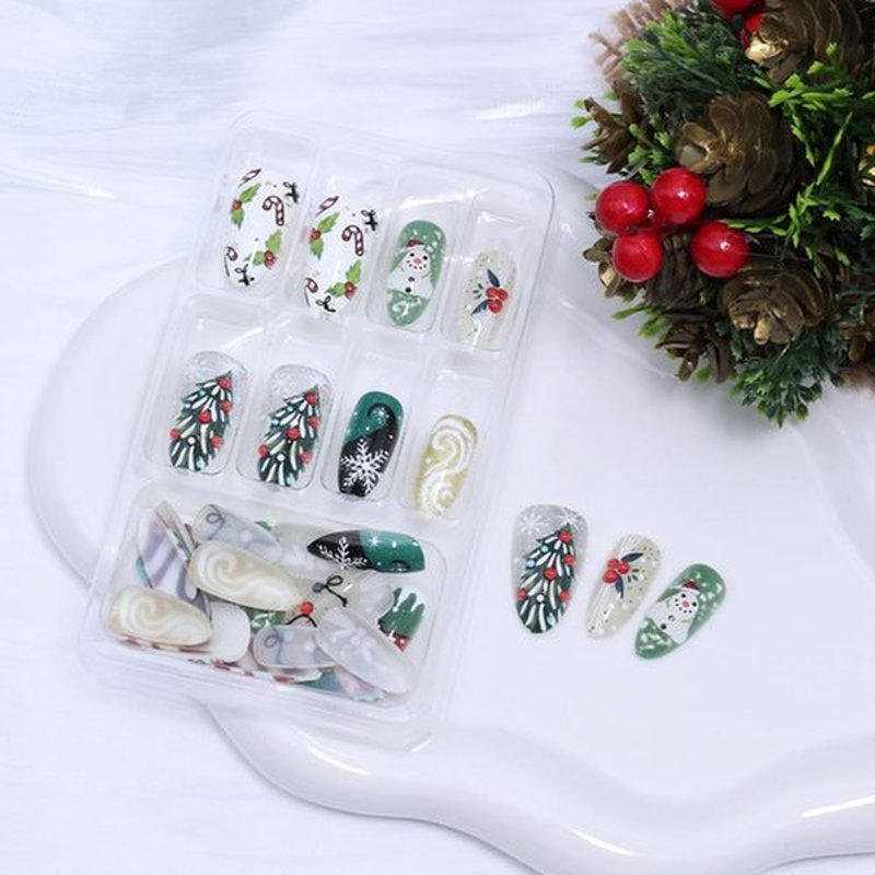 30Pcs Christmas Handmade Press on Nails Medium Almond Christmas Fake Nails Cute Snowman Lights Designs Xmas Acrylic Nail Winter Snowflake Glue on Nails Xmas Tree Holly Leaf False Nails for Women