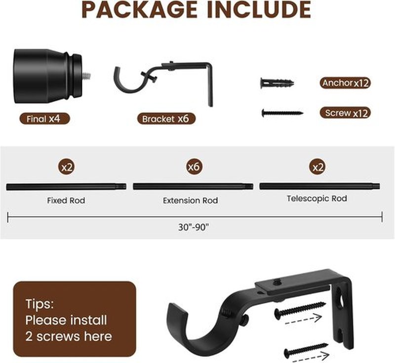 Skiennix Matte Black Curtain Rod - Heavy Duty Adjustable 30-90 Inch | 1” Diameter, 2 Pack for 30-84 Inch Windows