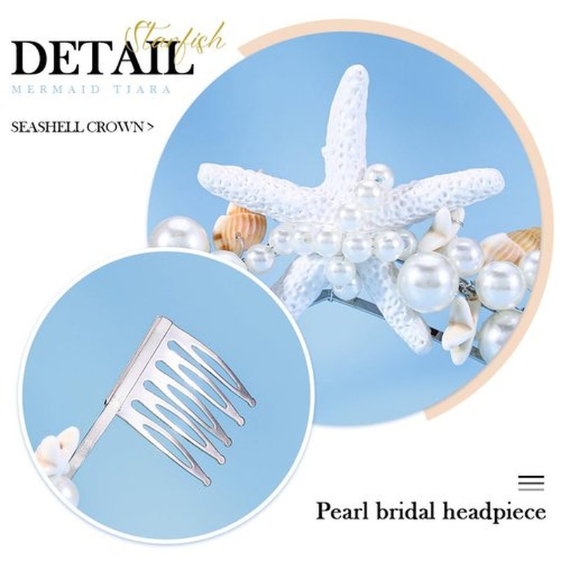 BARTOSI Mermaid Crown Starfish Tiara Pearl Shell Bride Wedding Headband Costume Hair Accessories for Women