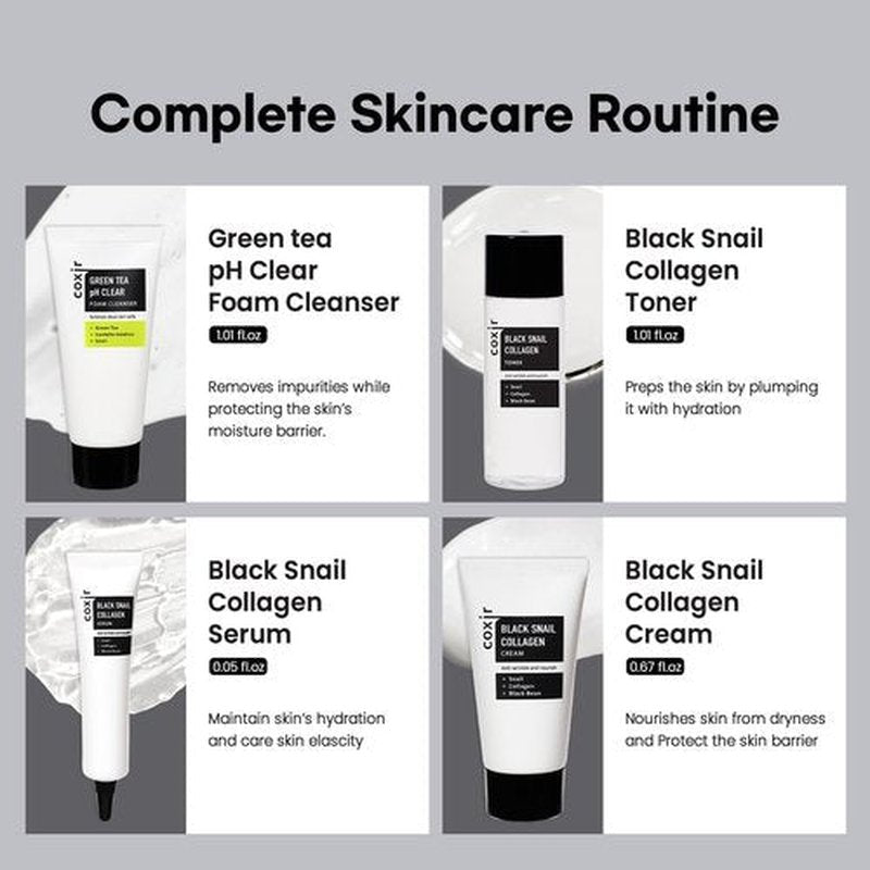 coxir Black Snail Collagen Starter Kit – Cleanser, Toner, Serum & Cream | Repairing Snail Mucin Skincare Set, Hydrating Korean Beauty Routine for Women (4-Piece)
