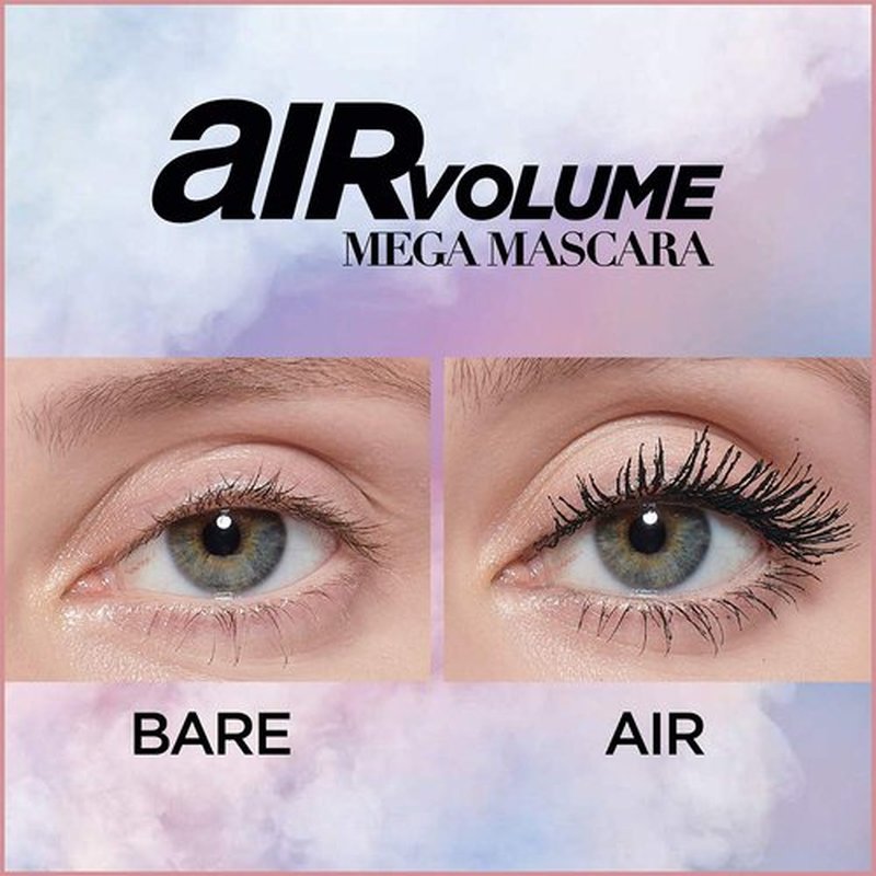 L'Oreal Paris Makeup Air Volume Mega Mascara, Lightweight & Long-lasting Volumizing Mascara for Voluminous Eyelashes, Waterproof Blackest Black, 0.3 Fl Oz