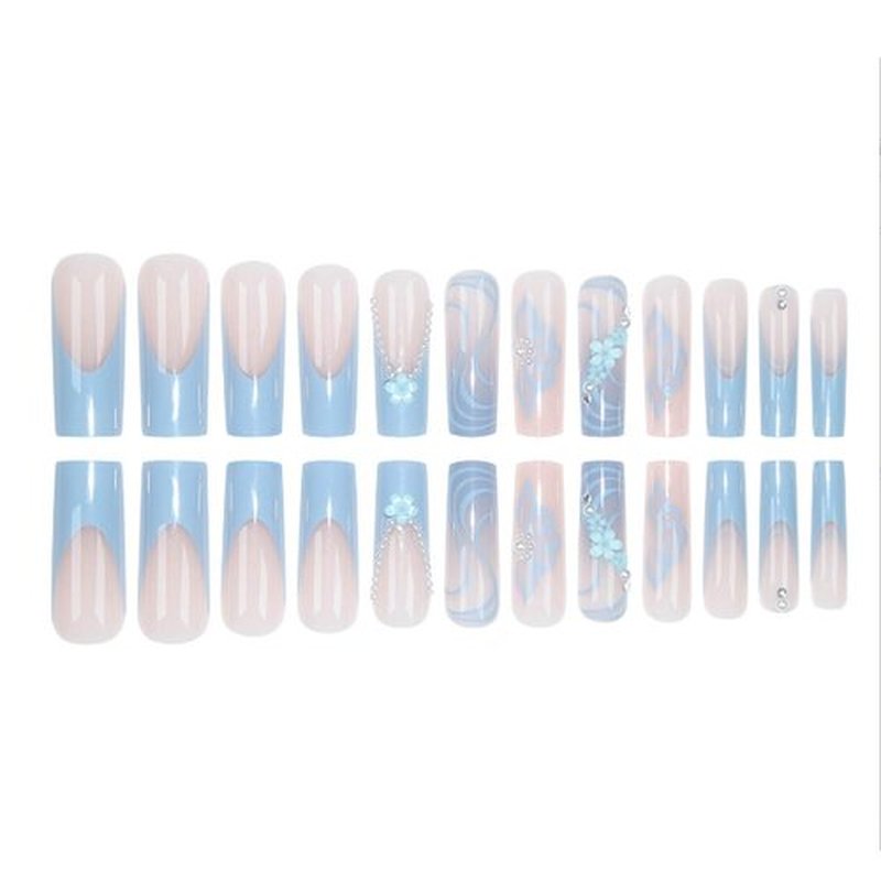 DANMANR Fake Nails Blue Long Press on Coffin Nails Full Cover Acrylic Pearl Fake French Nails for Women and Girls 24PCS