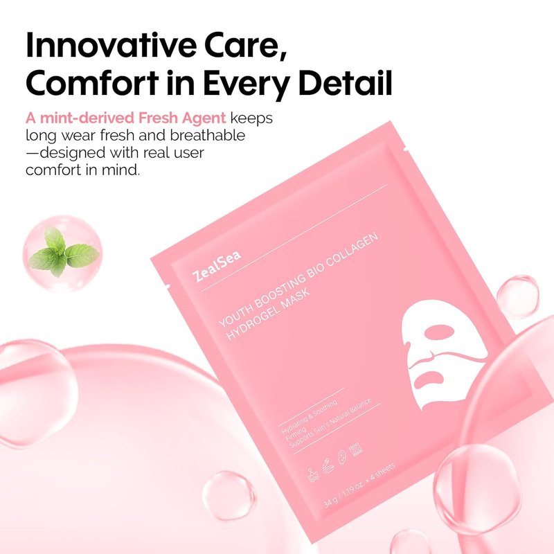 ZealSea Bio Collagen Face Mask - Overnight Hydrogel Sheet for Deep Hydration & Pore Care | 4 Pack